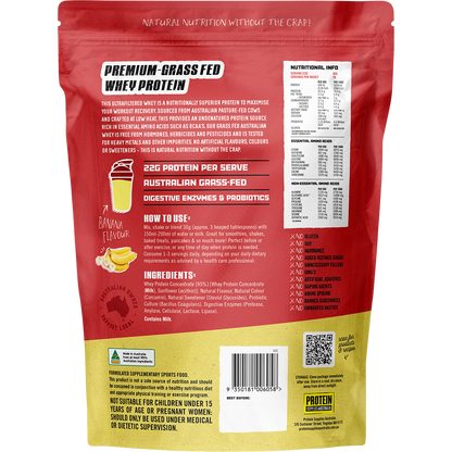 Back of Protein Supplies Australia Banana Whey Protein 500g bag with nutrition facts and ingredients.