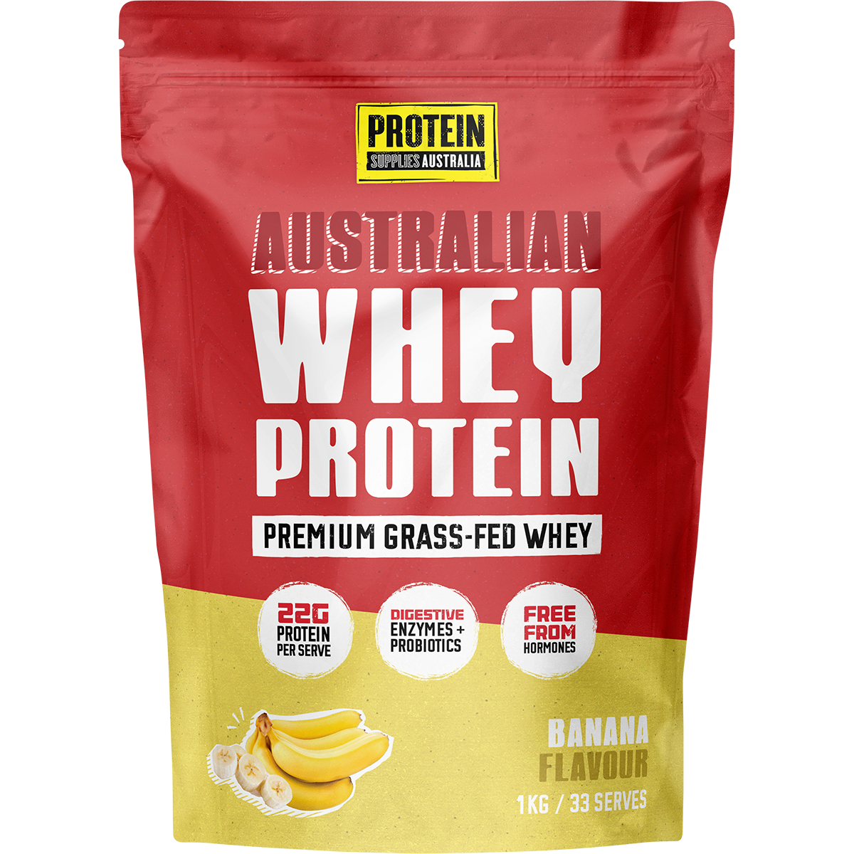 1kg bag of Protein Supplies Australia Australian Whey Protein in Banana flavor with a yellow and white label.