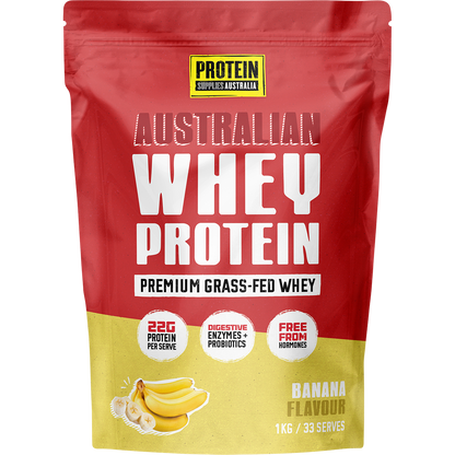 1kg bag of Protein Supplies Australia Australian Whey Protein in Banana flavor with a yellow and white label.