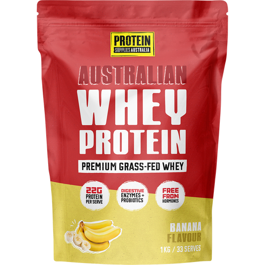 1kg bag of Protein Supplies Australia Australian Whey Protein in Banana flavor with a yellow and white label.
