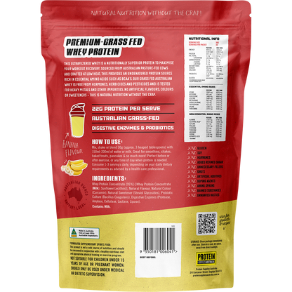 Back of a 1kg bag of Protein Supplies Australia Australian Whey Protein Banana with nutrition and ingredient details.