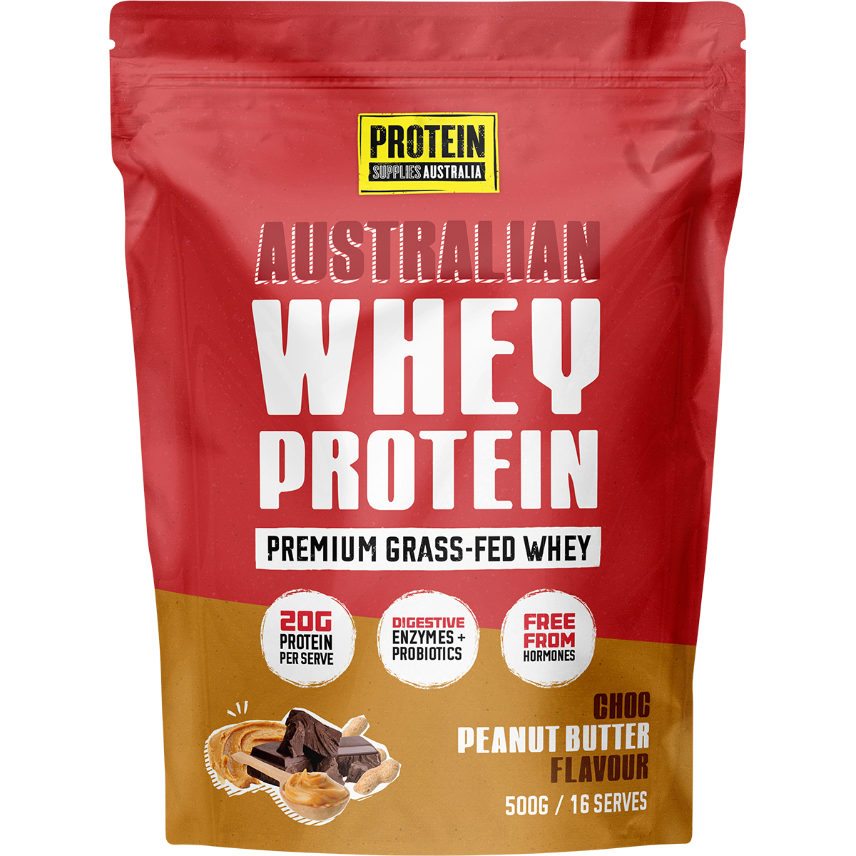 1kg bag of Protein Supplies Australia Australian Whey Protein in Choc Peanut Butter flavor on a white background.