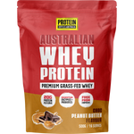 1kg bag of Protein Supplies Australia Australian Whey Protein in Choc Peanut Butter flavor on a white background.