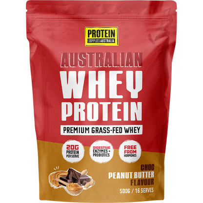 1kg bag of Protein Supplies Australia Australian Whey Protein in Choc Peanut Butter flavor on a white background.