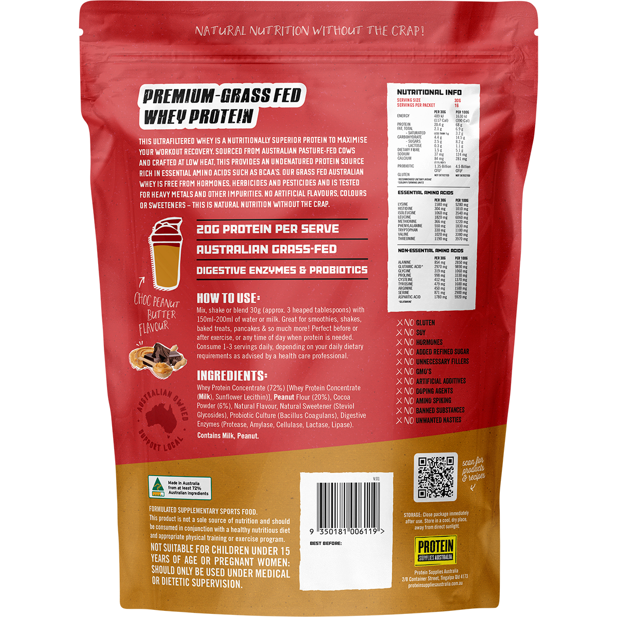Back of Protein Supplies Australia Choc Peanut Butter 1kg bag showing ingredients and nutritional information.