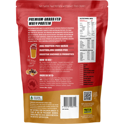 Back of Protein Supplies Australia Choc Peanut Butter 1kg bag showing ingredients and nutritional information.