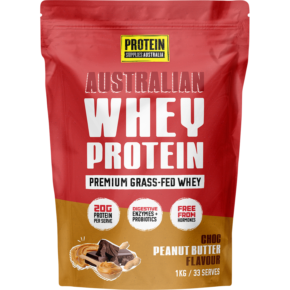 500g bag of Protein Supplies Australia Australian Whey Protein in Choc Peanut Butter flavor.