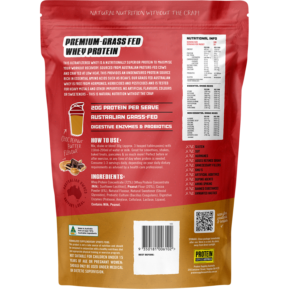 Back of a 500g bag of Australian Whey Protein in Choc Peanut Butter flavor featuring nutritional facts and ingredients.
