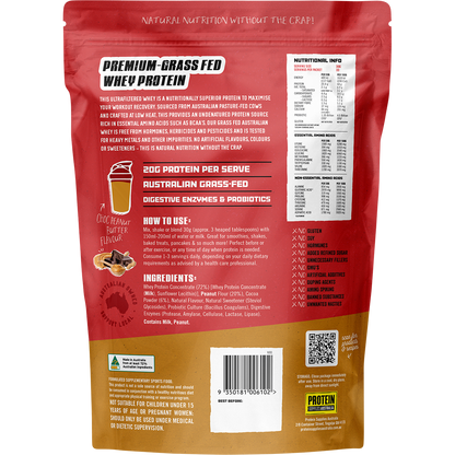 Back of a 500g bag of Australian Whey Protein in Choc Peanut Butter flavor featuring nutritional facts and ingredients.