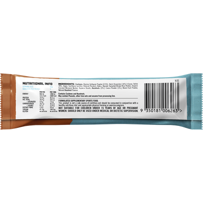 Back of Chocolate Hazelnut Collagen Protein Bar wrapper with nutrition facts, ingredients, and allergen info.