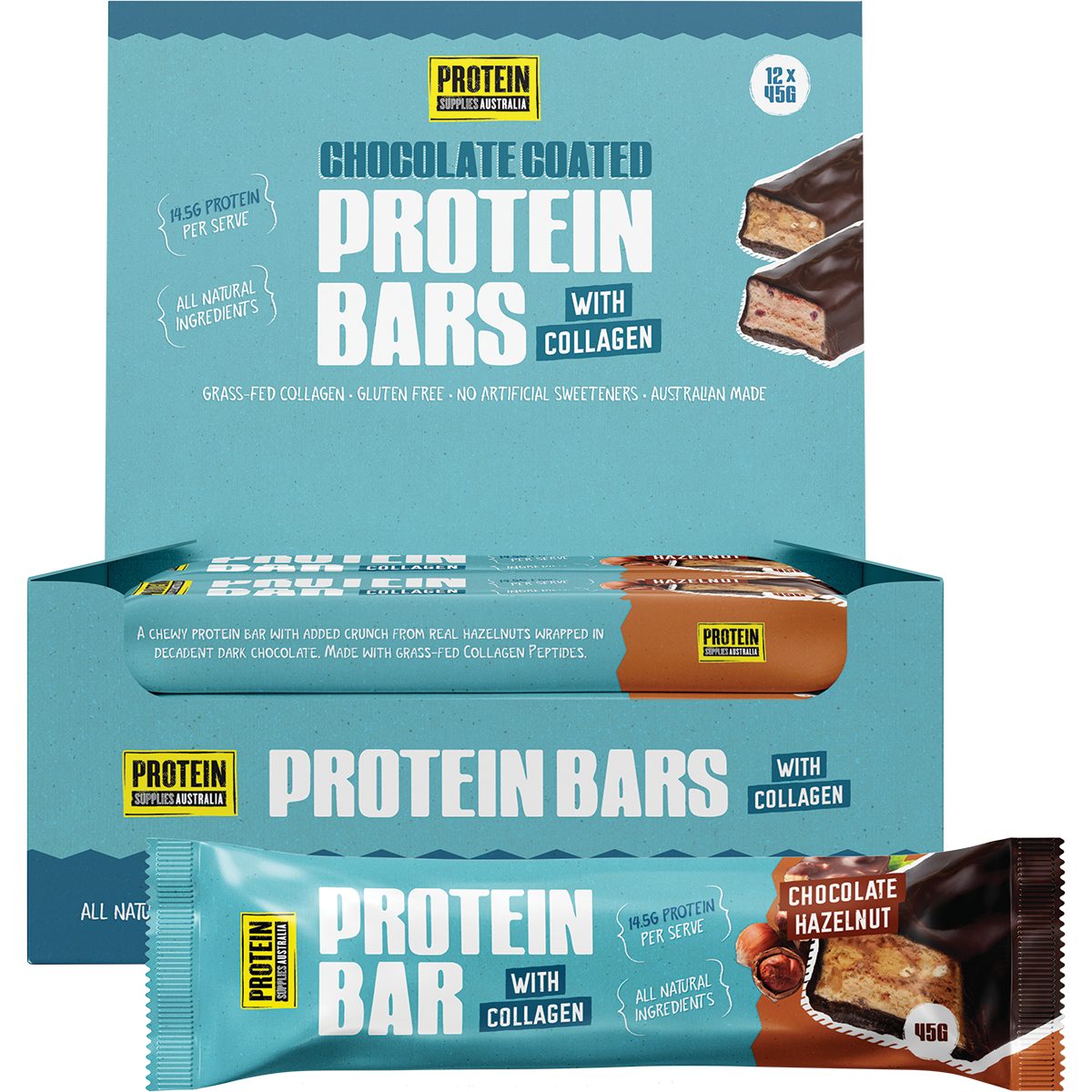 Protein Supplies Australia Chocolate Hazelnut Collagen Protein Bar pack and single bar with 14.5g protein.