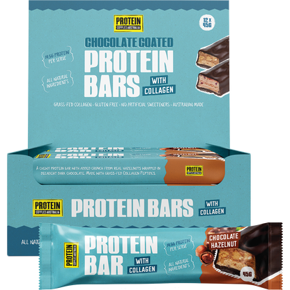 Protein Supplies Australia Chocolate Hazelnut Collagen Protein Bar pack and single bar with 14.5g protein.