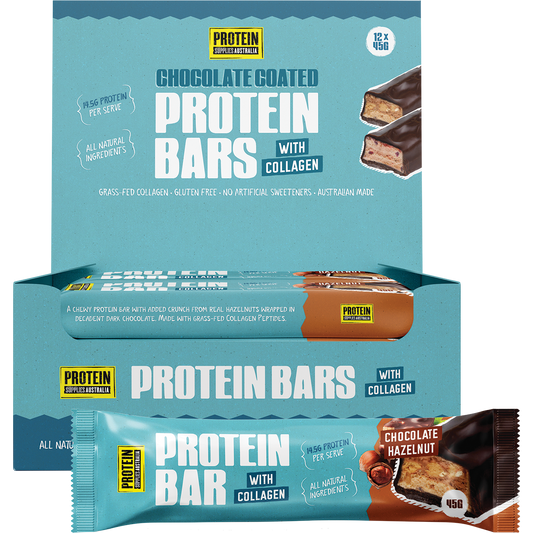 Protein Supplies Australia Chocolate Hazelnut Collagen Protein Bar pack and single bar with 14.5g protein.