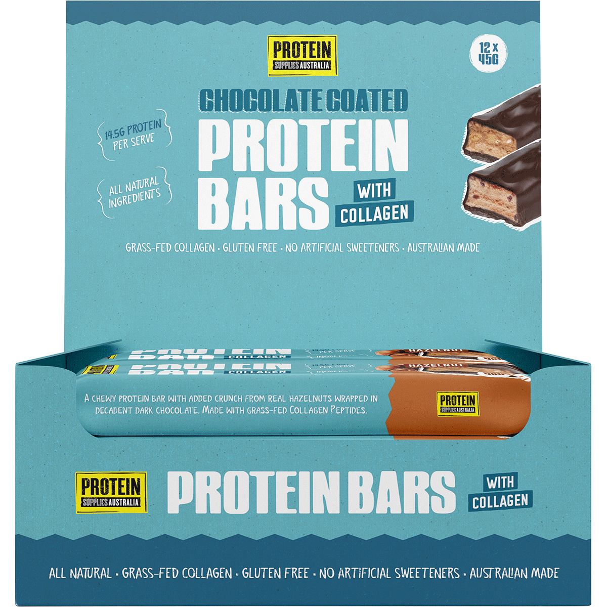 Retail display box of 12 Chocolate Hazelnut Collagen Protein Bars on a white background.