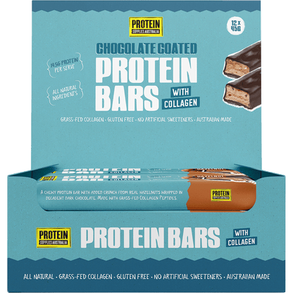 Retail display box of 12 Chocolate Hazelnut Collagen Protein Bars on a white background.
