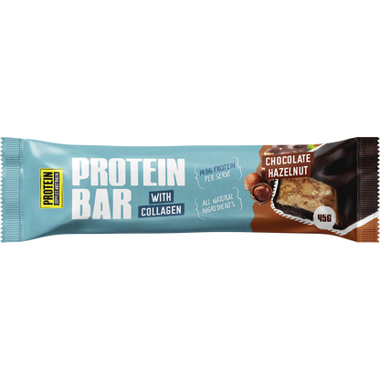 Protein Supplies Australia Chocolate Hazelnut Collagen Protein Bar in its individual 45g white and brown wrapper.