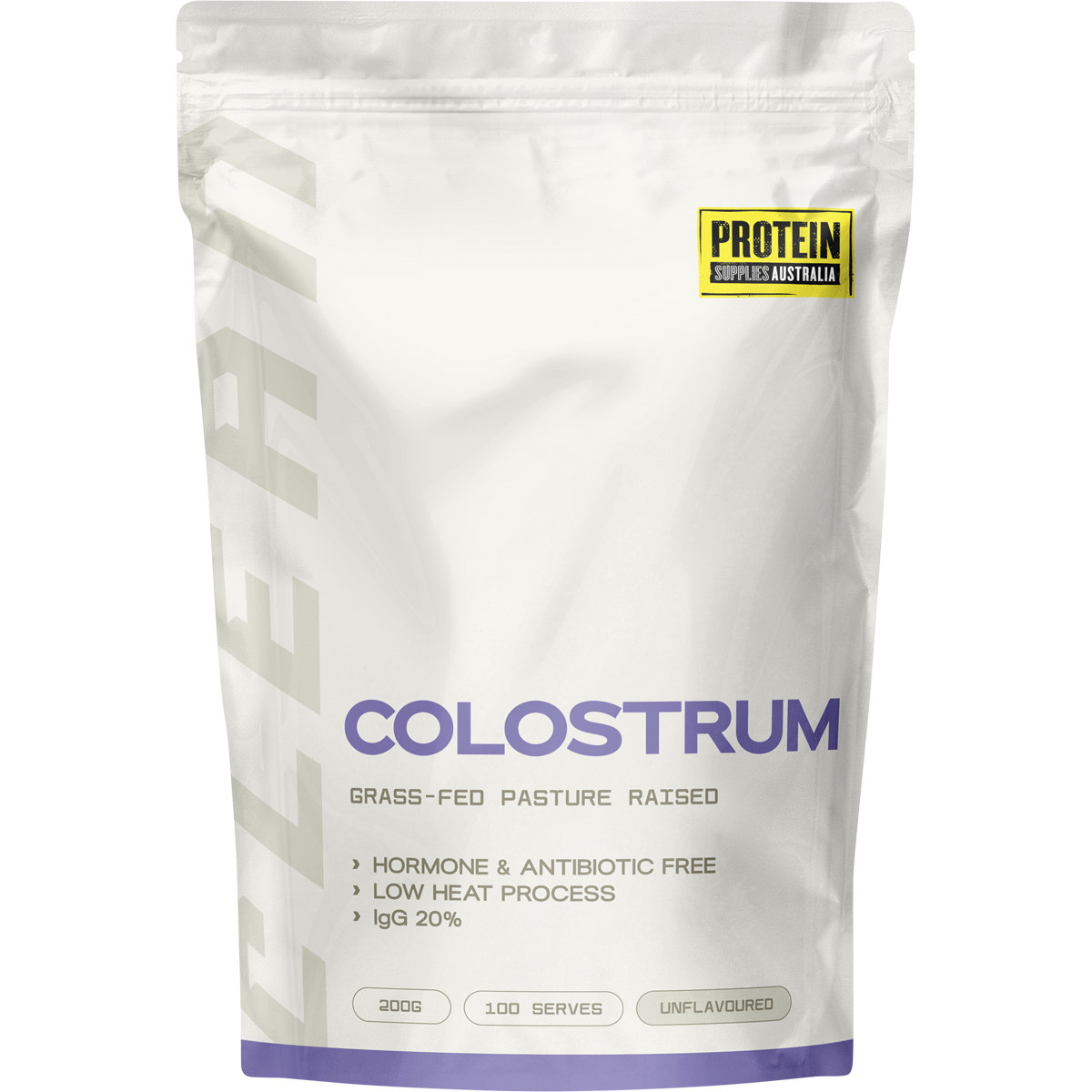 200g tub of Protein Supplies Australia Grass Fed Colostrum Unflavoured with a clean white and blue label.