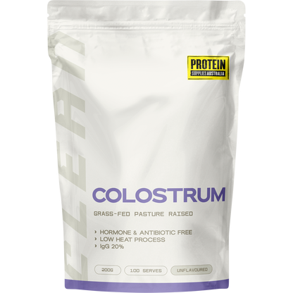 200g tub of Protein Supplies Australia Grass Fed Colostrum Unflavoured with a clean white and blue label.