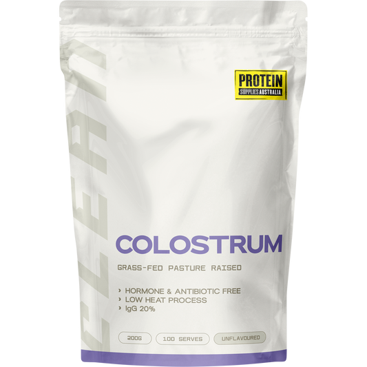 200g tub of Protein Supplies Australia Grass Fed Colostrum Unflavoured with a clean white and blue label.