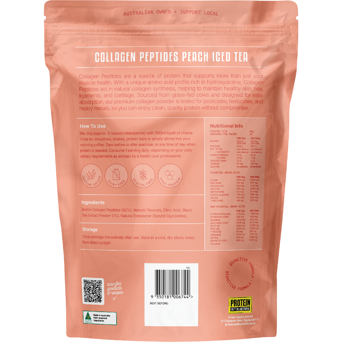 Protein Supplies Australia Collagen Peptides Peach Iced Tea 500g