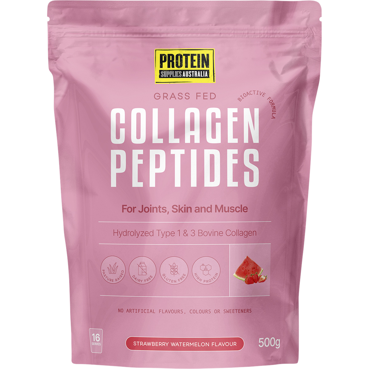 500g bag of Protein Supplies Australia Strawberry Watermelon Collagen Peptides with a red and white label.
