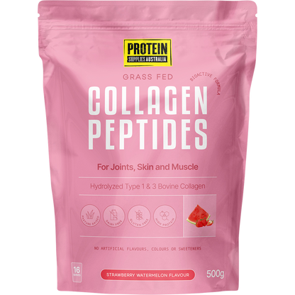 500g bag of Protein Supplies Australia Strawberry Watermelon Collagen Peptides with a red and white label.