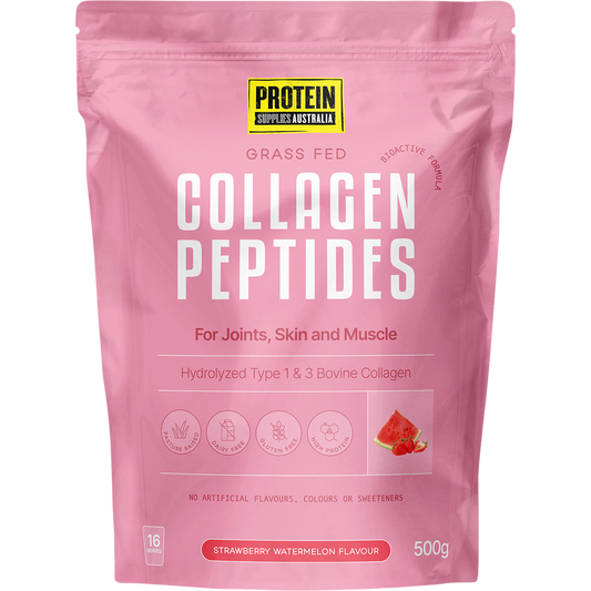 500g bag of Protein Supplies Australia Strawberry Watermelon Collagen Peptides with a red and white label.