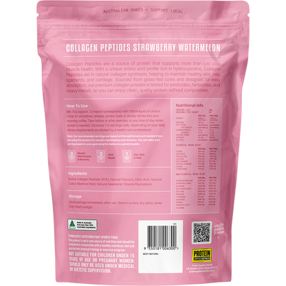 Back of a 500g bag of Protein Supplies Australia Collagen Peptides with nutritional info and ingredients.