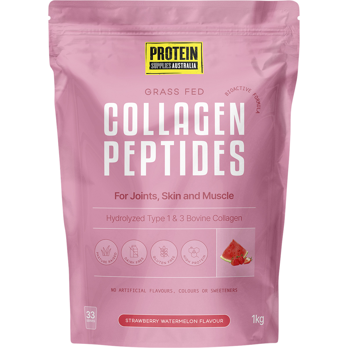 1kg pouch of Protein Supplies Australia Collagen Peptides in Strawberry Watermelon flavor with fruit illustrations.