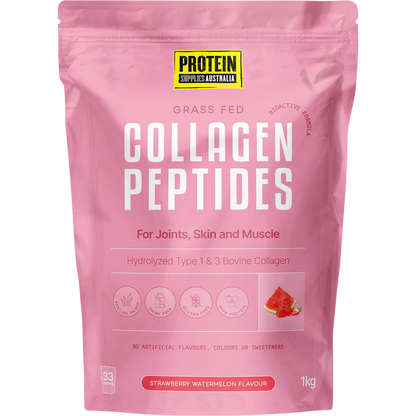 1kg pouch of Protein Supplies Australia Collagen Peptides in Strawberry Watermelon flavor with fruit illustrations.