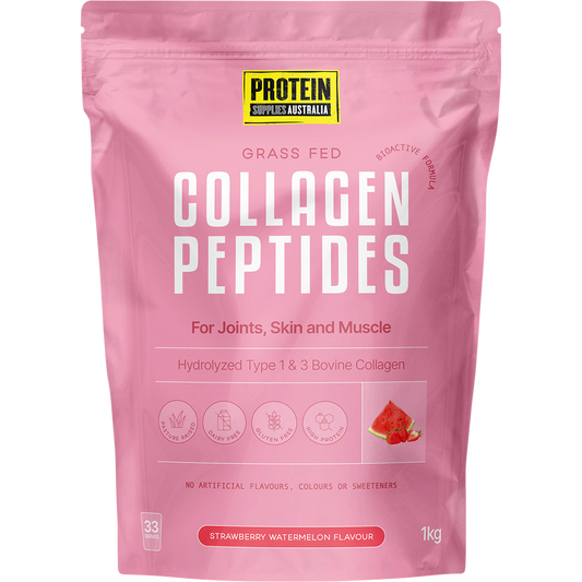 1kg pouch of Protein Supplies Australia Collagen Peptides in Strawberry Watermelon flavor with fruit illustrations.