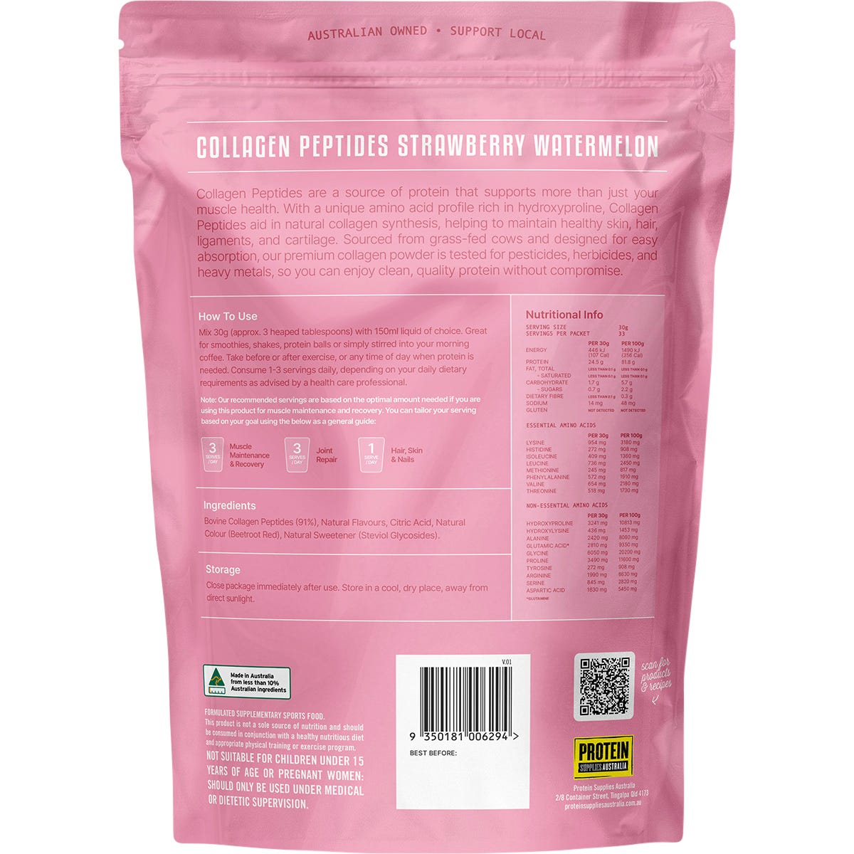 Protein Supplies Australia Collagen Peptides Strawberry Watermelon 1kg