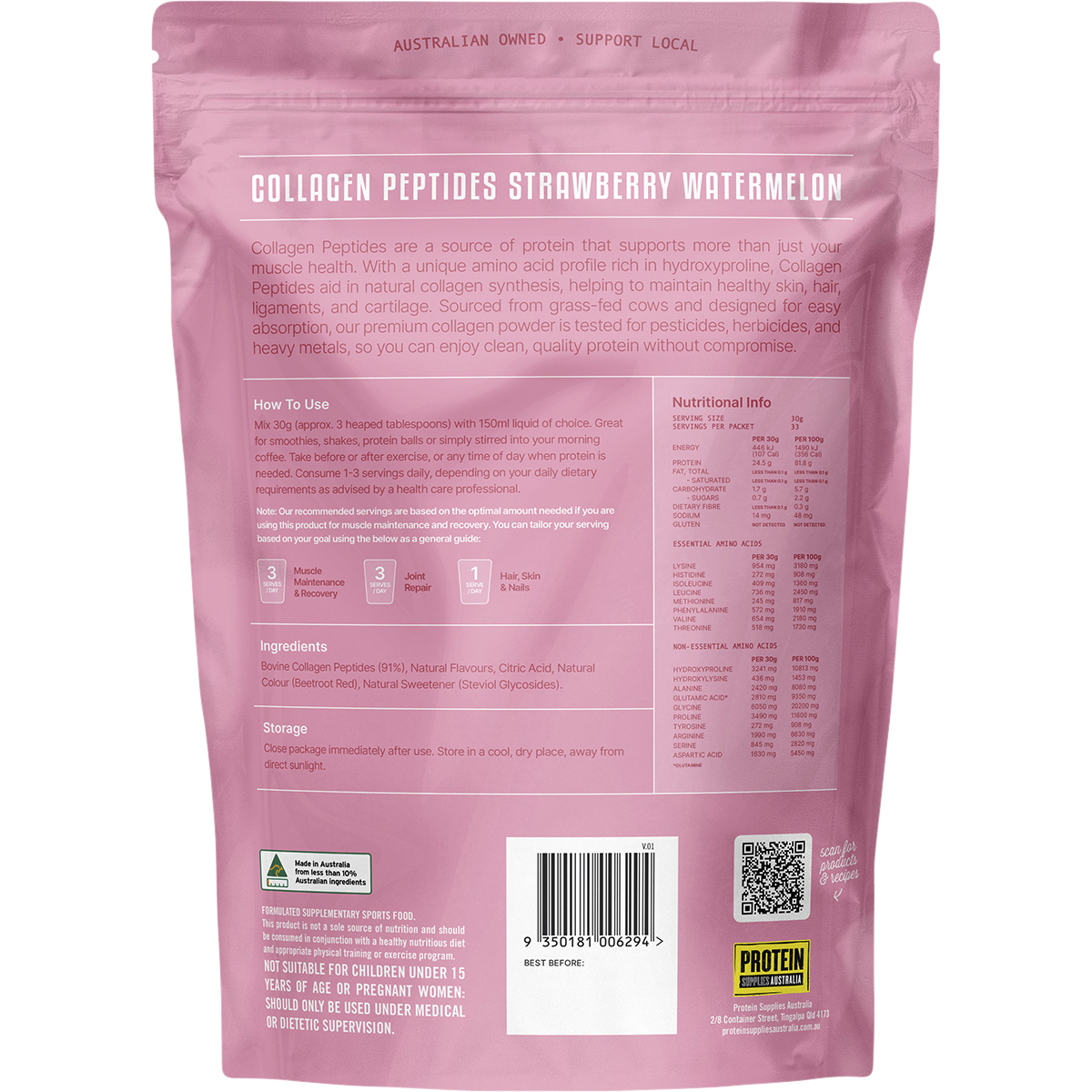 Back of a 1kg Protein Supplies Australia Strawberry Watermelon Collagen pouch with nutritional info and ingredients.
