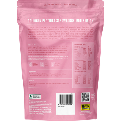 Back of a 1kg Protein Supplies Australia Strawberry Watermelon Collagen pouch with nutritional info and ingredients.