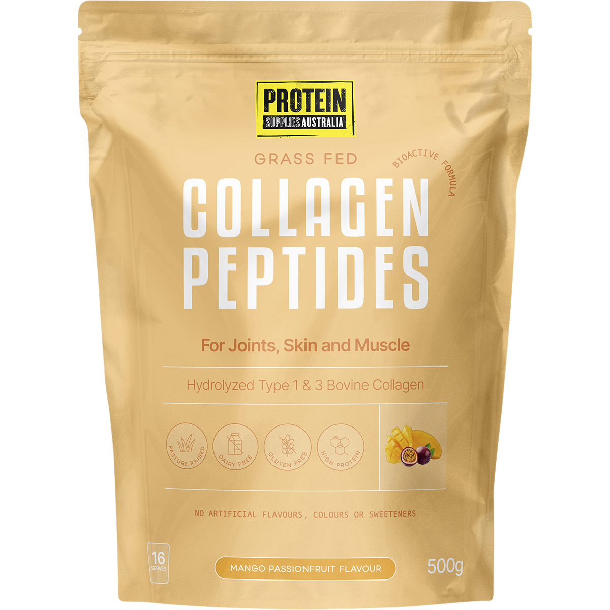 500g tub of Protein Supplies Australia Collagen Peptides in Mango Passionfruit flavor on a white background.
