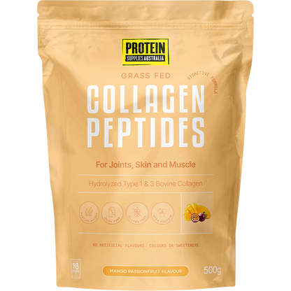 500g tub of Protein Supplies Australia Collagen Peptides in Mango Passionfruit flavor on a white background.