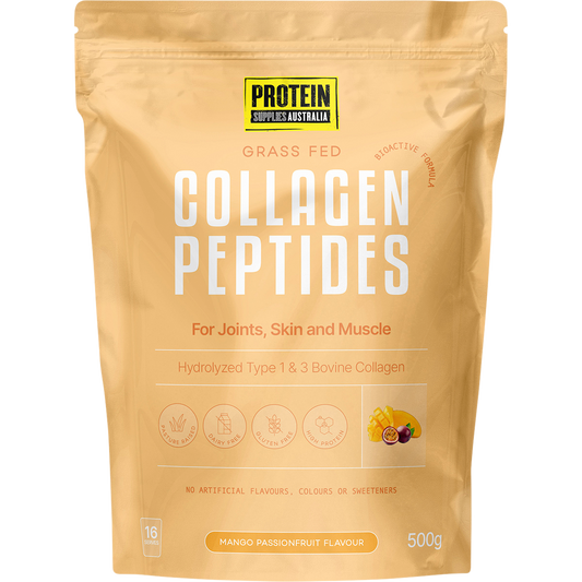 500g tub of Protein Supplies Australia Collagen Peptides in Mango Passionfruit flavor on a white background.