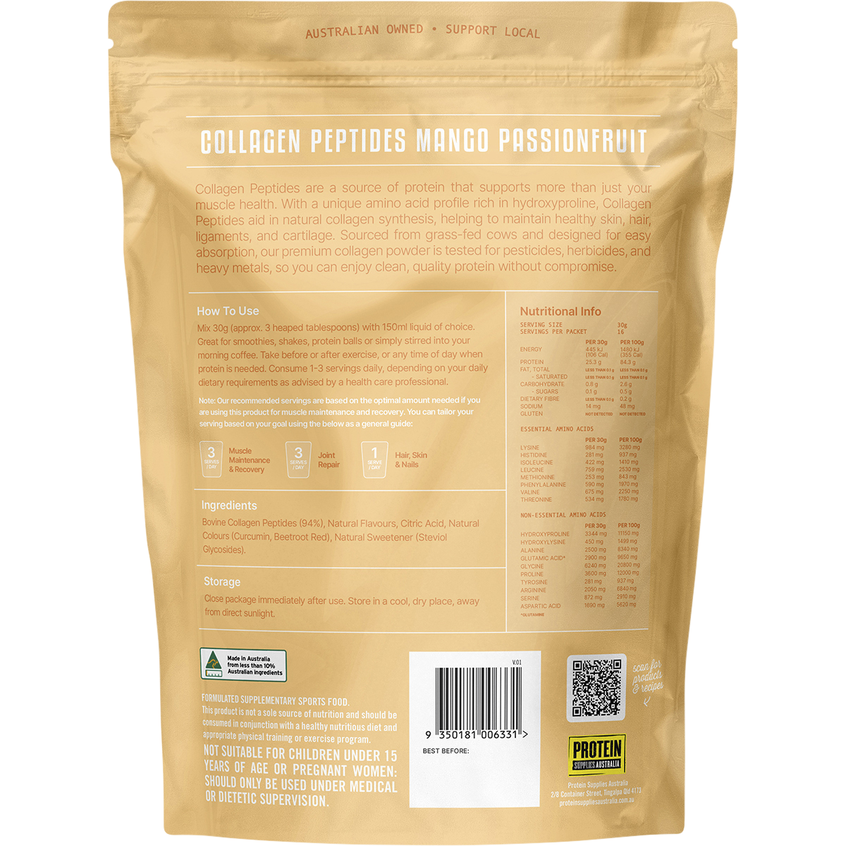 Back view of Protein Supplies Australia Mango Passionfruit Collagen Peptides 500g tub with nutritional information.