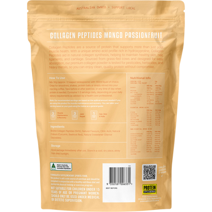 Back view of Protein Supplies Australia Mango Passionfruit Collagen Peptides 500g tub with nutritional information.