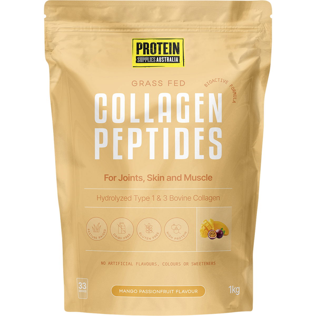 1kg tub of Protein Supplies Australia Collagen Peptides in Mango Passionfruit flavor on a white background.