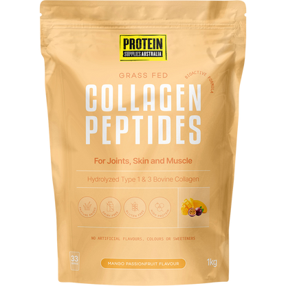 1kg tub of Protein Supplies Australia Collagen Peptides in Mango Passionfruit flavor on a white background.