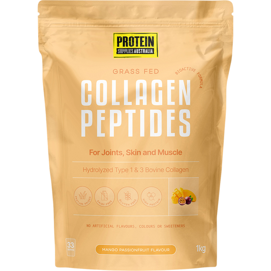 1kg tub of Protein Supplies Australia Collagen Peptides in Mango Passionfruit flavor on a white background.