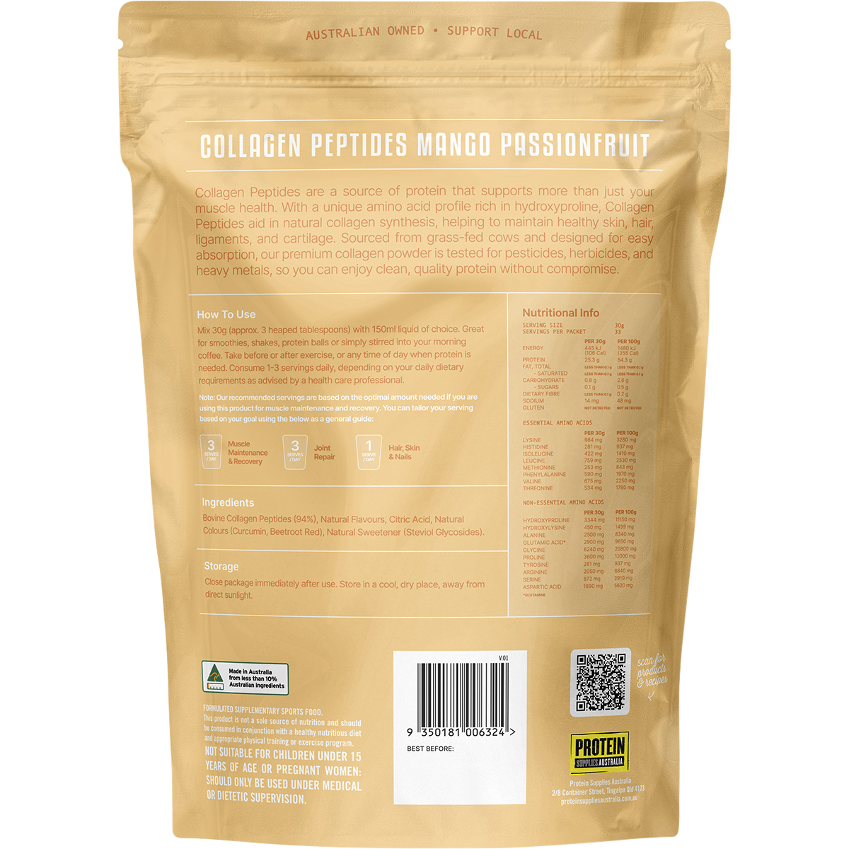 Back of a 1kg tub of Mango Passionfruit Collagen Peptides showing nutritional information and ingredients.