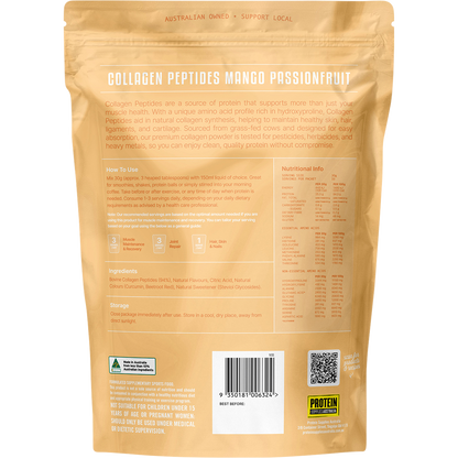 Back of a 1kg tub of Mango Passionfruit Collagen Peptides showing nutritional information and ingredients.
