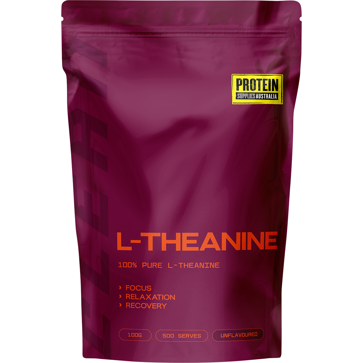 100g pouch of Protein Supplies Australia L-Theanine pure powder with a white and blue label and black cap.