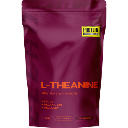 100g pouch of Protein Supplies Australia L-Theanine pure powder with a white and blue label and black cap.