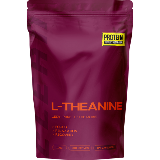 100g pouch of Protein Supplies Australia L-Theanine pure powder with a white and blue label and black cap.