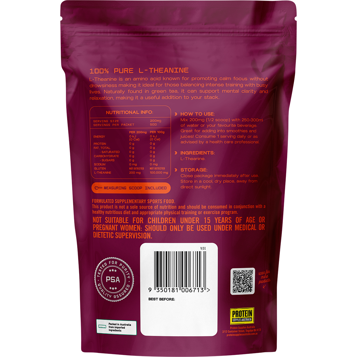 Back of Protein Supplies Australia L-Theanine pouch with ingredients, barcode, and nutritional information.