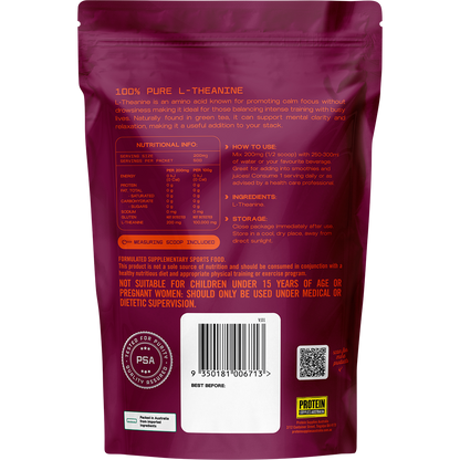 Back of Protein Supplies Australia L-Theanine pouch with ingredients, barcode, and nutritional information.