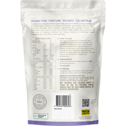 Back of a Protein Supplies Australia Grass Fed Colostrum tub showing nutritional information and directions.